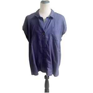 Ellen Tracy Popover Linen Tunic Size XL Indigo Short Sleeve Collared Beachy